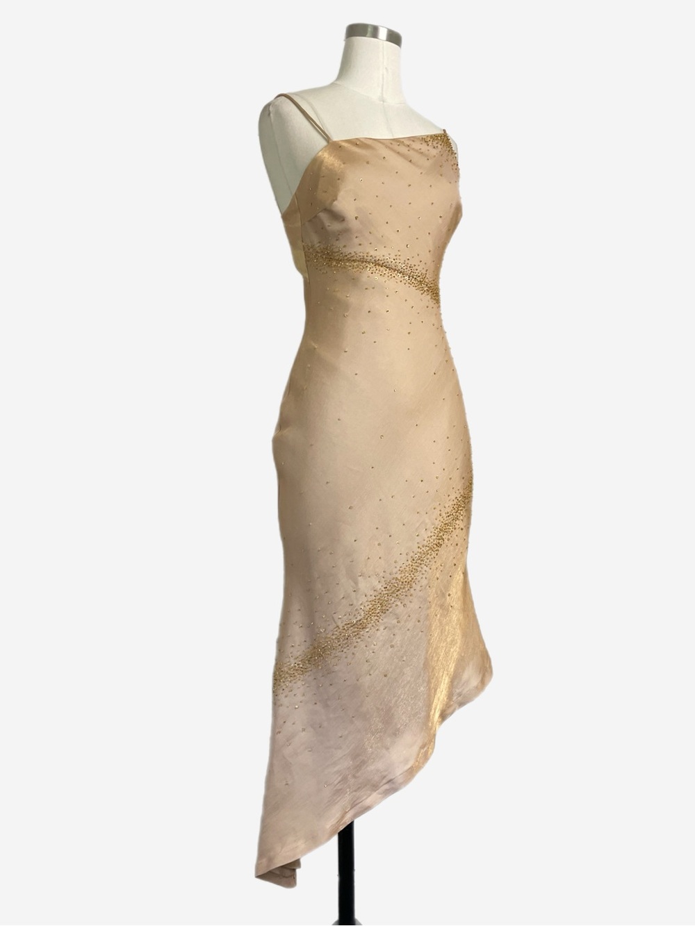 Vintage Y2K Niki Livas Gold sequin beaded open back asymmetric midi dress XS - Picture 3 of 14